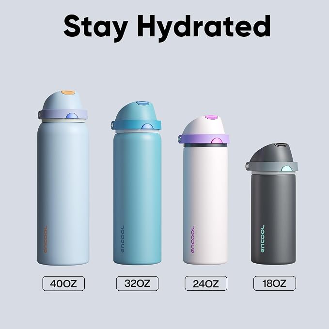 Insulated Water Bottle with Straw - Encool Stainless Steel Water Bottle with Push Button Lid, Leak-Proof & BPA-Free, Keeps Cold for 24 Hours for Sports, Travel, Gym (18 oz, Tuna Grey-Green)