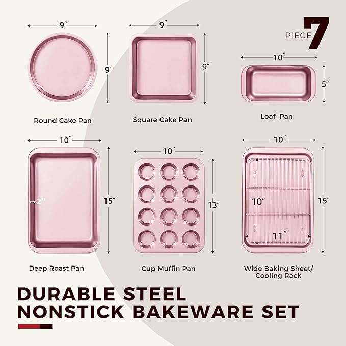 KITESSENSU Baking Pans Sets, Nonstick Bakeware Sets 7-Piece with Round/Square Cake Pan, Loaf Pan, Muffin Pan, Cookie Sheet, Roast Pan, Cooling Rack, Carbon Steel Bake Set Pink