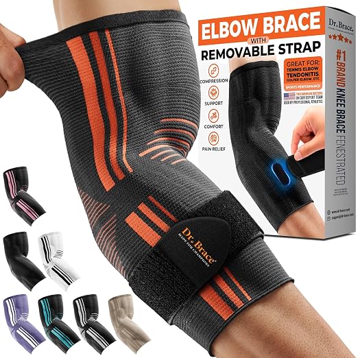 DR. BRACE® Elite Elbow Brace Support with Removable Strap for Women & Men, Pain Relief for Tendonitis, Arthritis, Golfer's & Tennis Elbow Treatment, Elbow Sleeve for Workouts Weightlifting (Grey-Orange, Medium)