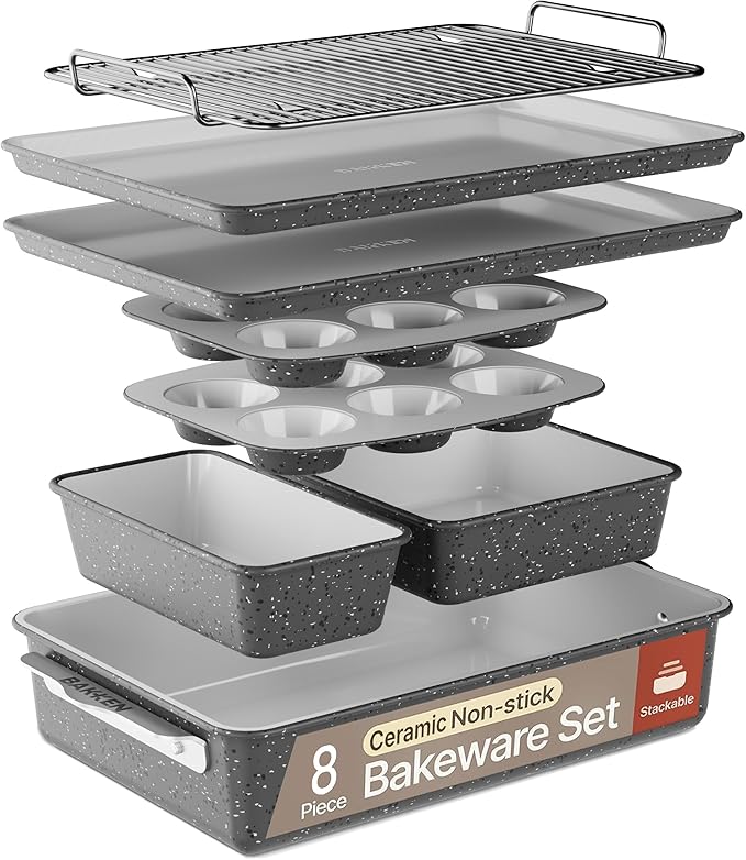 Bakken 8-Piece Stackable Bakeware Set - Ceramic Non-Stick Coating, Baking Sheets, Assorted Baking Pans, PTFE, PFOA & PFOS Free - Healthy Baking, Ergonomic Handles, Cooling Rack, Non-Toxic, Oven-Safe