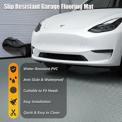 Garage Floor Mat, PVC Flooring Roll Thickened Garage Mats, Heavy Duty Parking Mat Waterproof Nonslip Floor Protector for Car, Trailer, SUV, Basement, Gym (Grey) (4 Feet x 7 Feet)
