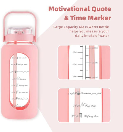 42 oz Glass Water Bottle with 2-in-1 Straw Lid Large Half Gallon Water Bottle with Time Marker & Removable Silicone Sleeve,Wide Mouth BPA-Free Borosilicate Bottle for Gym, Workout & Daily Use