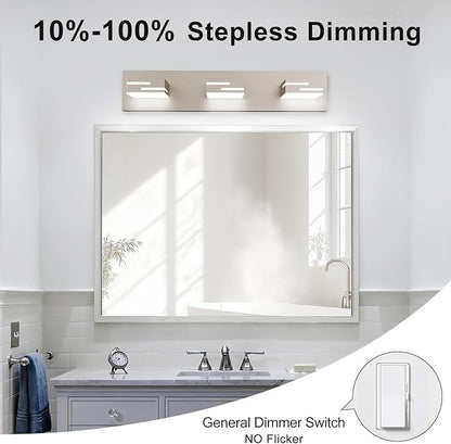LED Modern Bathroom Vanity Light Fixtures, Dimmable Brushed Nickel Vanity Lights for Bathroom Lighting Fixtures Over Mirror, with 360° Rotatable Acrylic Heads 3-Light 22-inch (Cool White 6000K)