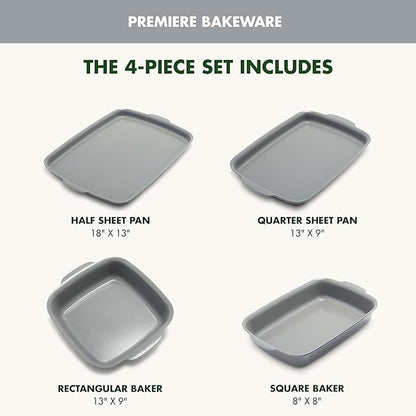 GreenPan Premiere Ovenware Healthy Ceramic Nonstick 4 Piece Bakeware Set, PFAS-Free, Rectangular, Square, Quarter, Half Sheet Baking Pans, Warp-Free, Oven Safe to 600F, Dishwasher Safe, Gray