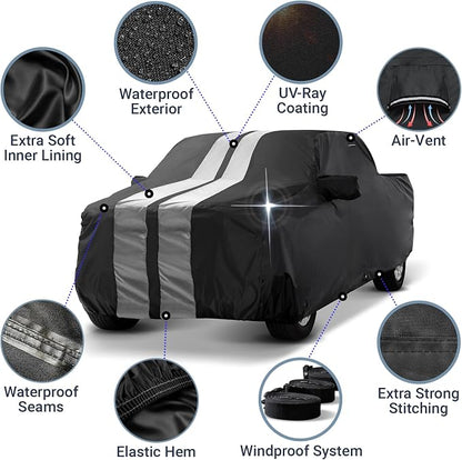 iCarCover Premium Heavy Duty Truck Car Cover - Waterproof All Weather Rain Snow UV Protection, F-150, Silverado 2500 3500, C/K 2500 3500, Sierra, Tundra, Size T73 (See Size Chart), Stripe - Black/Gray
