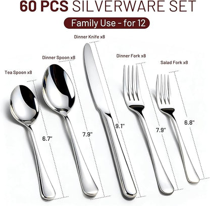 KIKCOIN 60 Pack Silverware Set for 12, Heavy Duty Stainless Steel Flatware Set, Mirror Polished Cutlery Utensils Set Includes Forks and Spoons Set for Home Kitchen Restaurant Wedding