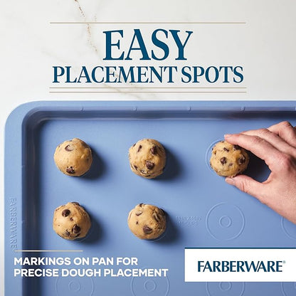 Farberware Easy Solutions Nonstick Baking Set, Includes Cookie Pans, Loaf Pan, and Cake Pan with Portion Marks, 4 Piece, Non Stick Bakeware Set - Blue