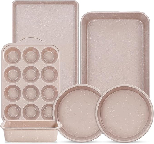 6 Pcs Baking Pans Set, Silicone Bakeware Sets with Metal Reinforced Frame, Nonstick Stackable Carbon Steel Non Toxic Baking Sets for Cooking (Brown)