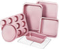KITESSENSU Baking Pans Sets, Nonstick Bakeware Sets 7-Piece with Round/Square Cake Pan, Loaf Pan, Muffin Pan, Cookie Sheet, Roast Pan, Cooling Rack, Carbon Steel Bake Set Pink